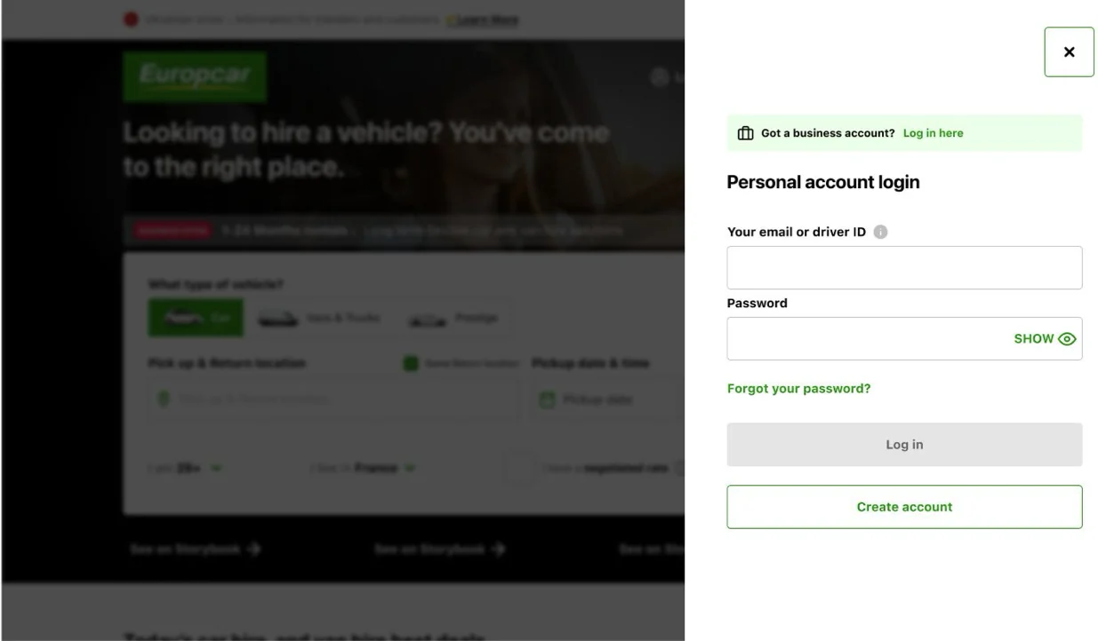 Concept B: a highlighted business banner at the top of the personal login panel