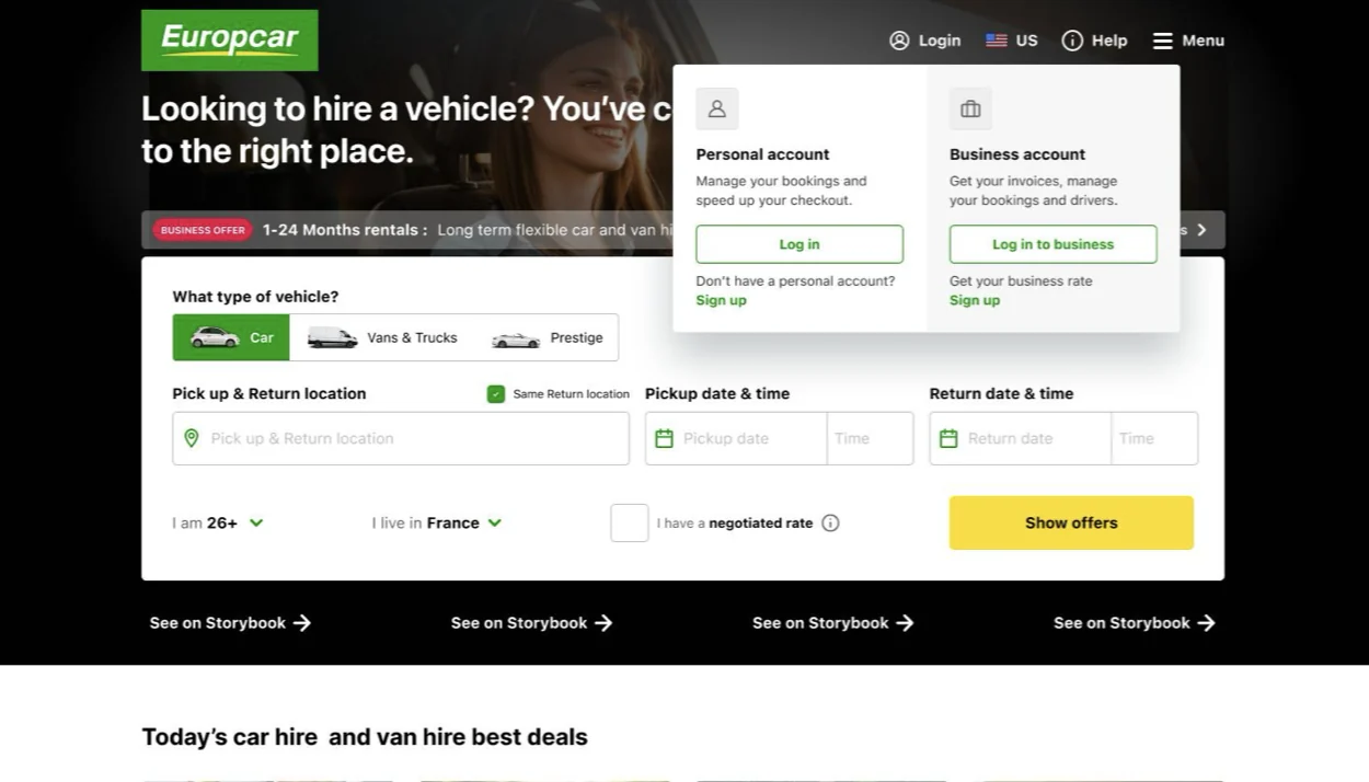 Concept A: a login flyout with two side-by-side options, personal account and business account