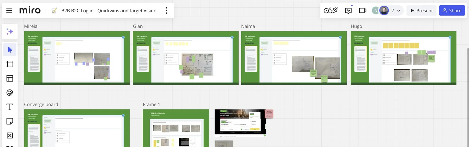Miro board of the ideation workshop: one sketching area per designer, then a converge board