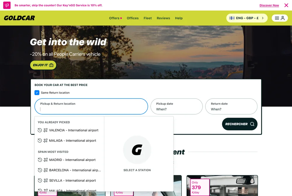Booking widget — destination dropdown