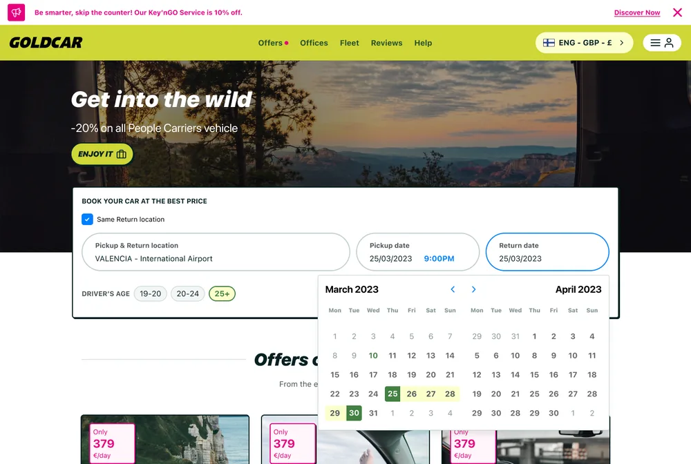 Booking widget — return date range preview