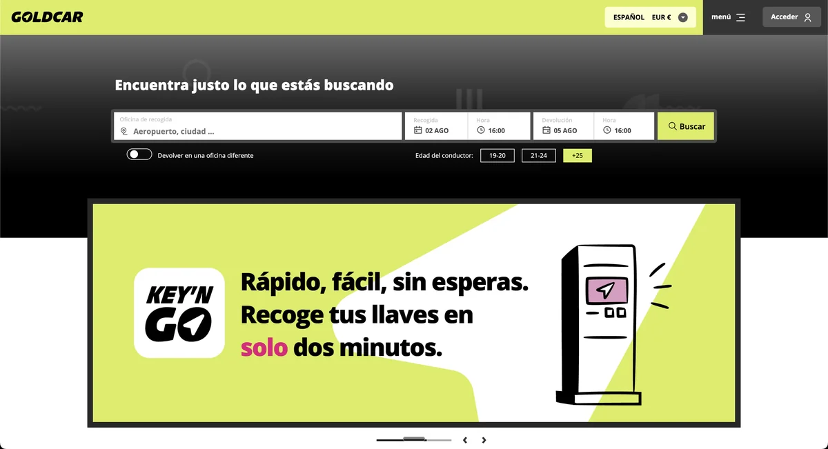 Goldcar's live homepage today
