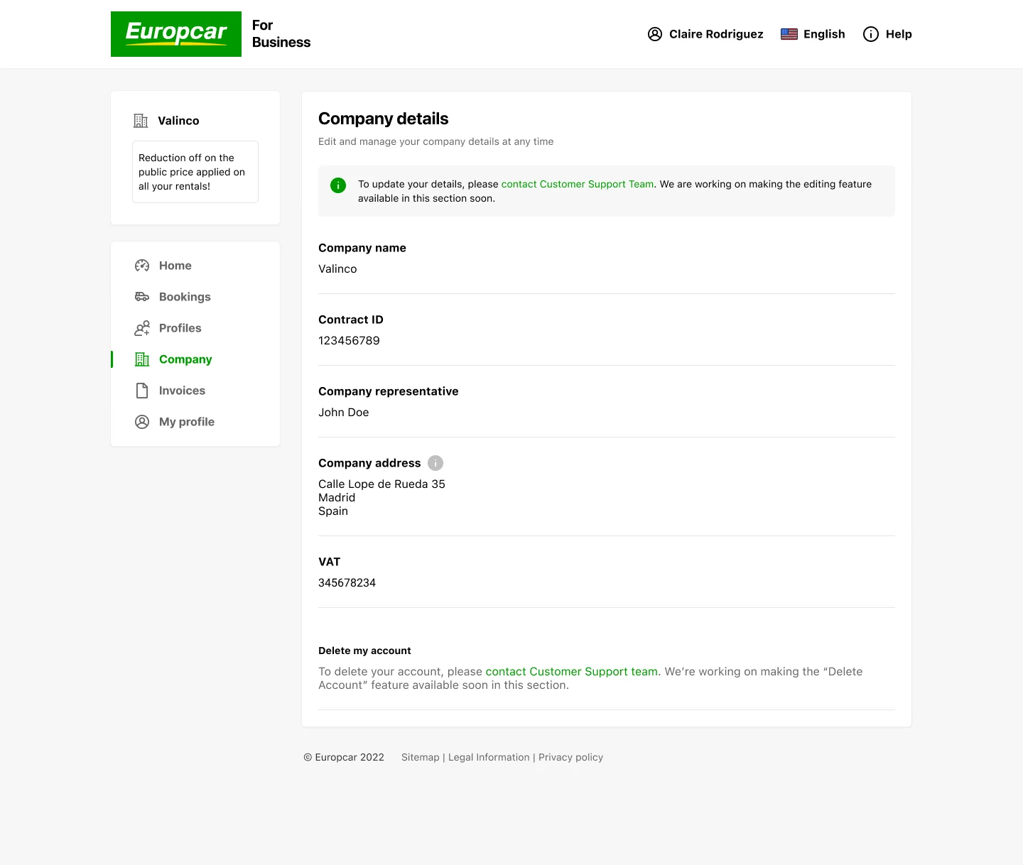 Company — contract and billing details