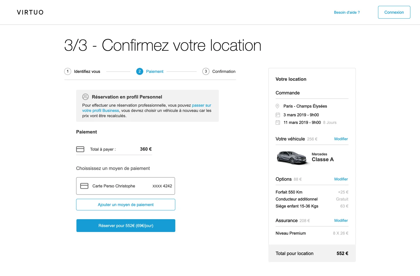 Checkout - payment with a saved card and the personal or business profile reminder