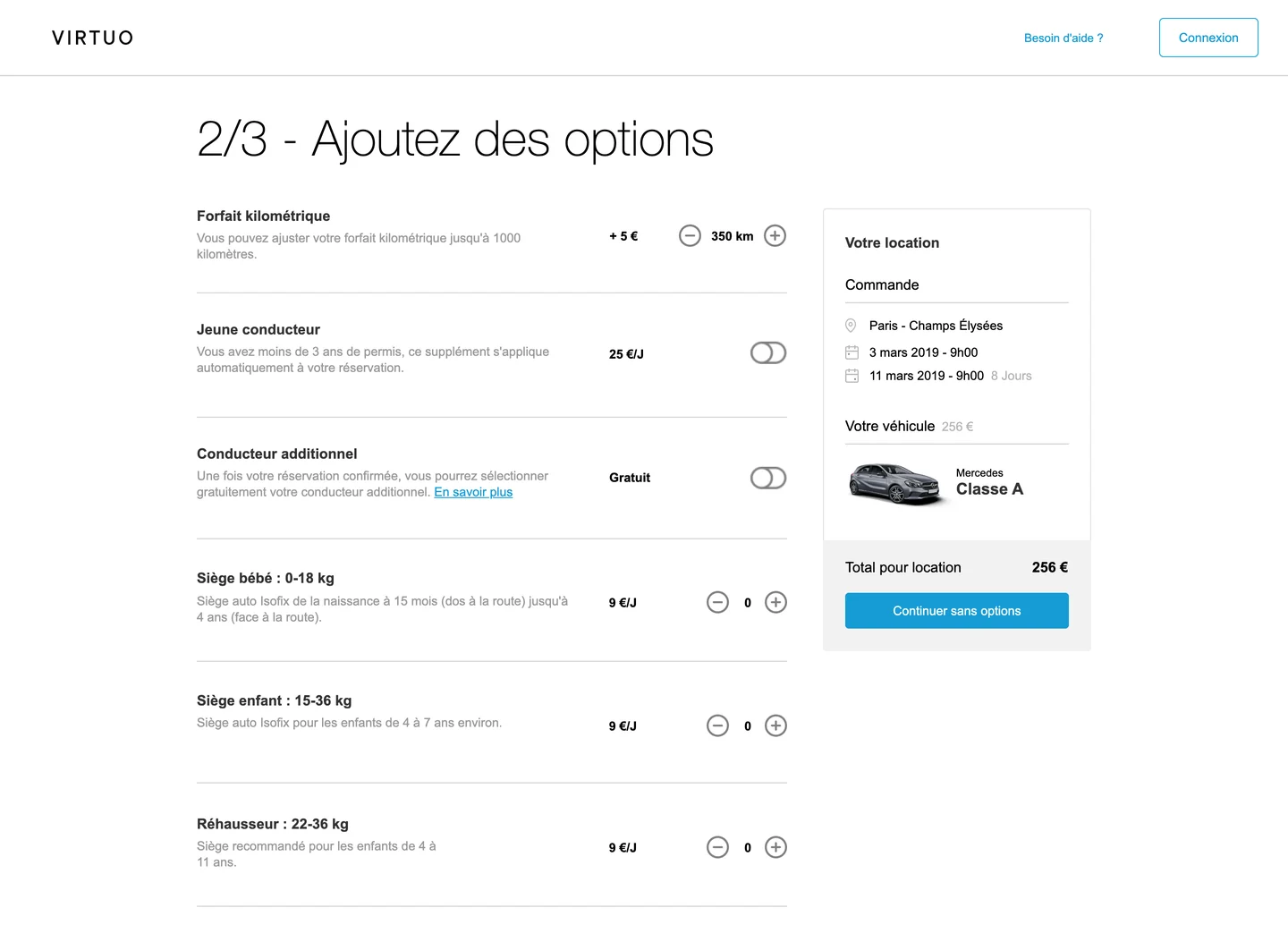 Step 1 of 3 - options, with the booking summary alongside