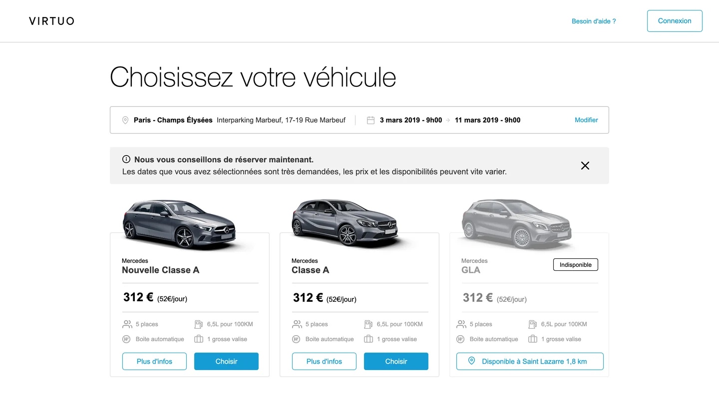 Vehicle selection - available cars, with a nearby alternative when one is unavailable